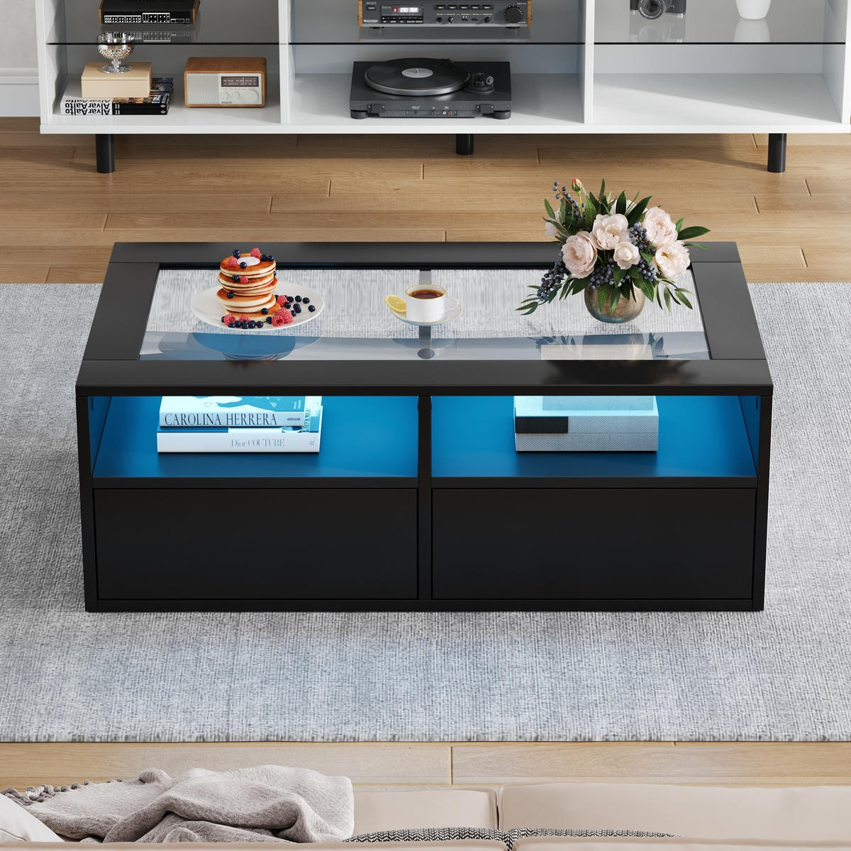COUCHTISCH in Schwarz Wohnzimmertisch mit LED-Beleuchtung, Glasplatte, 2 Schubladen & offenem Stauraum, B100/T50/H35cm - Schwarz, Glas/Holzwerkstoff (50/100/35cm) - STILVORA