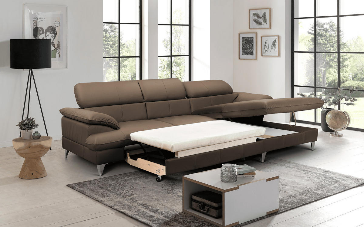 ECKSOFA mit Schlaffunktion und Bettkasten, Echtleder - Chromfarben/Braun, Leder/Holz (167/254cm) - Cotta