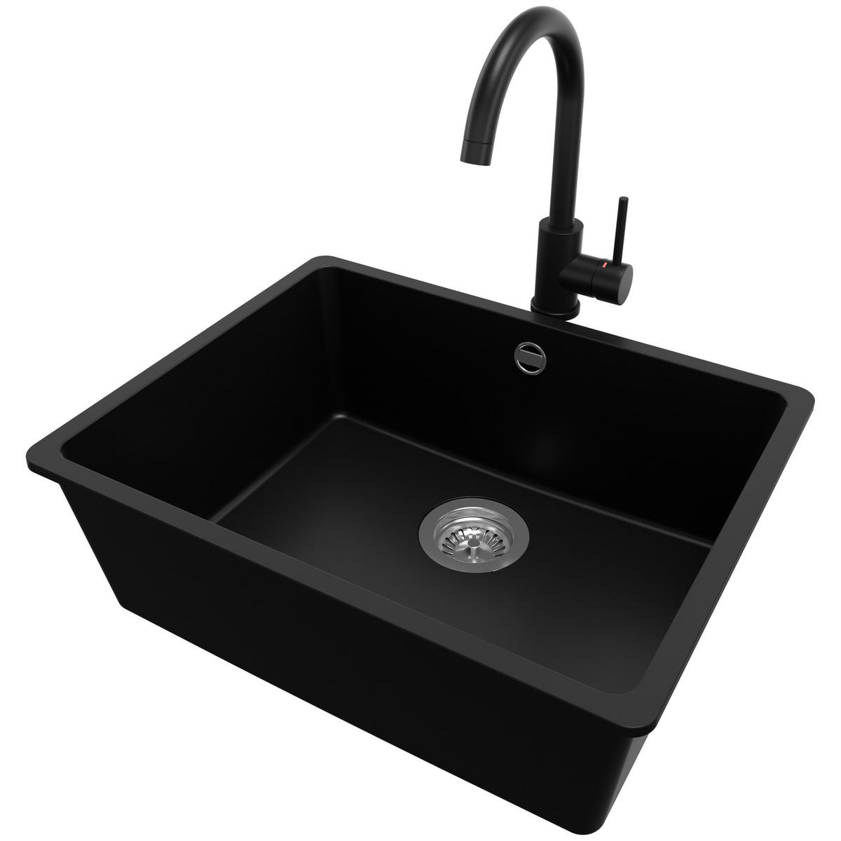 UNTERBAUSPÜLE GRANIT Venedig Easy, 2-er set Schwarz 56/44 cm 1 Becken + Küchenarmatur 32/20 cm + Ablauf-Set ab 60er Unterschrank - Chromfarben/Schwarz, Kunststoff (56/20/44cm) - Primagran