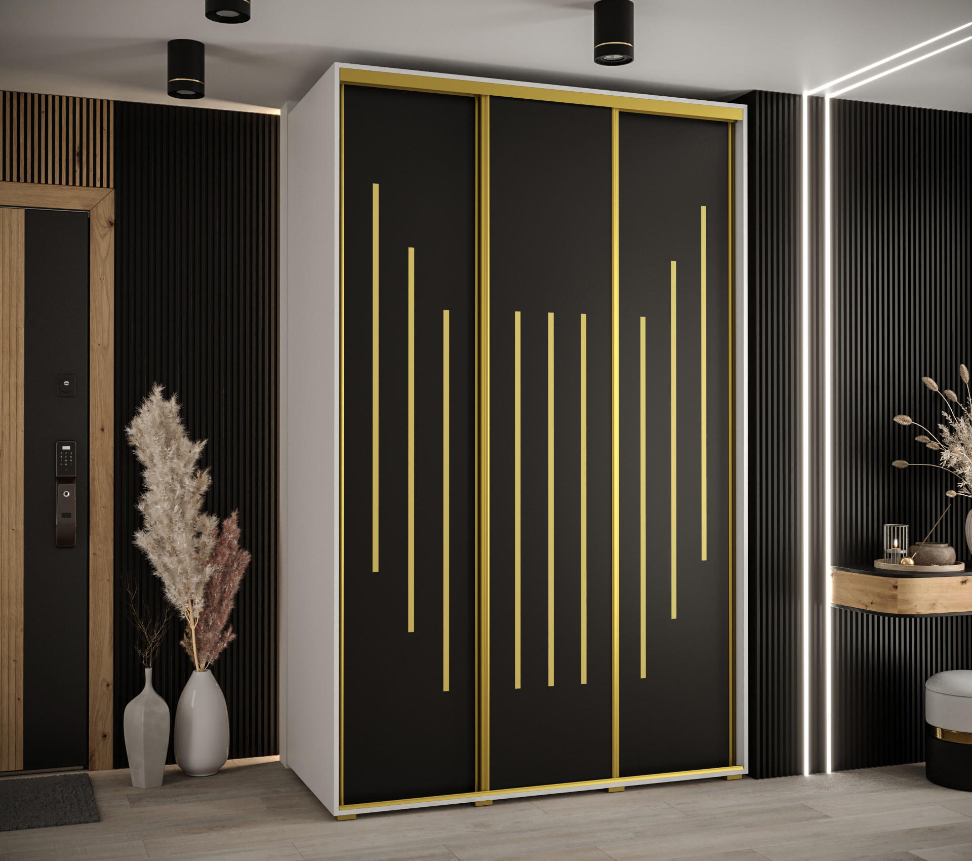 SCHWEBETÜRENSCHRANK 235,2/160/45 3-türig - Goldfarben/Schwarz, Holz/Metall (160/235/45cm) - Abiks Möbel