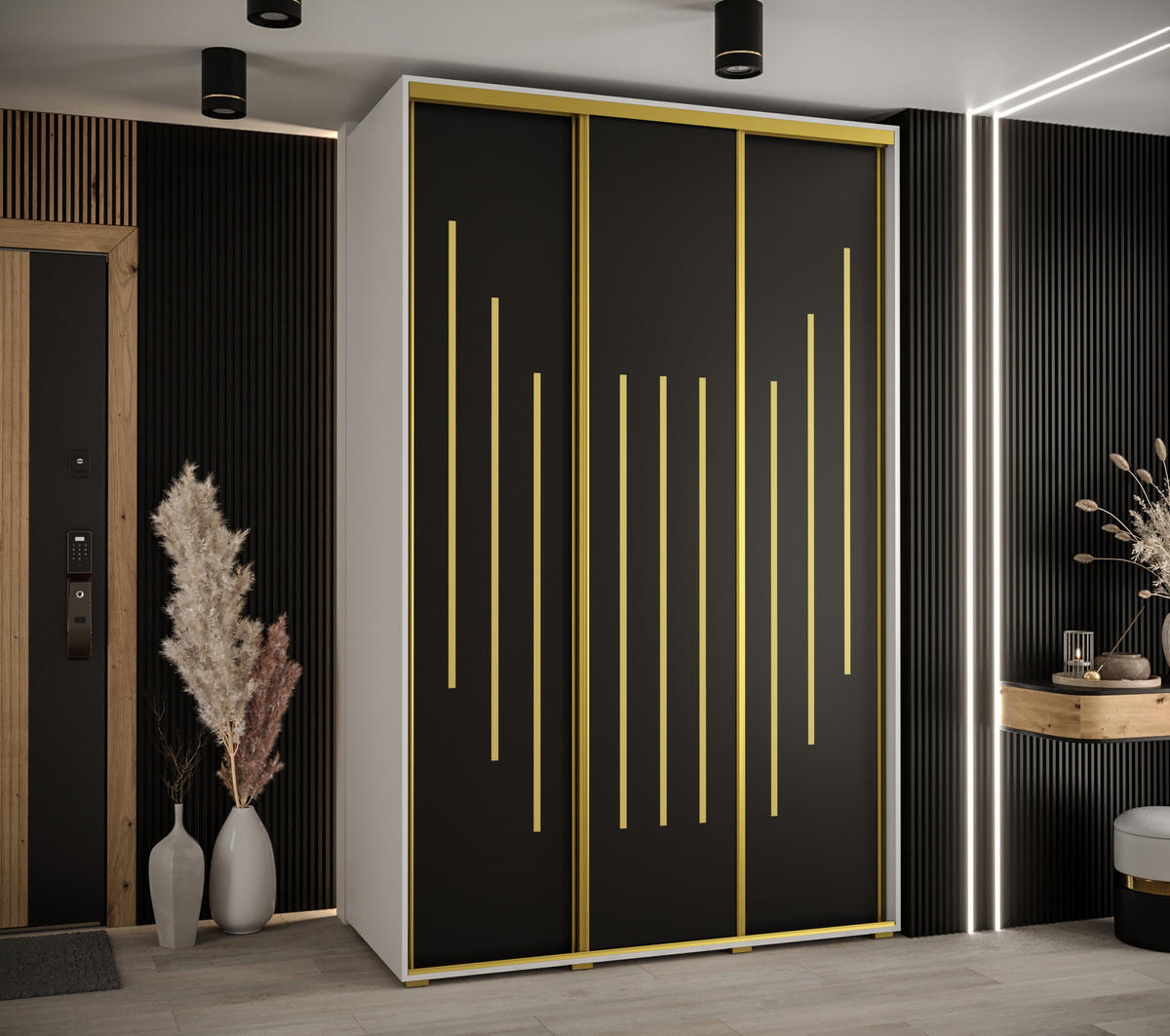SCHWEBETÜRENSCHRANK 235,2/160/45 3-türig - Goldfarben/Schwarz, Holz/Metall (160/235/45cm) - Abiks Möbel