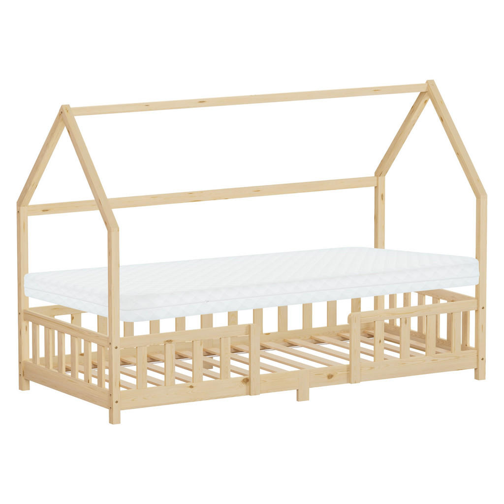 ML-DESIGN DĚTSKÁ postel 90x200 cm s matrací a ochrannou bočnicí, přírodní borovicové dřevo
