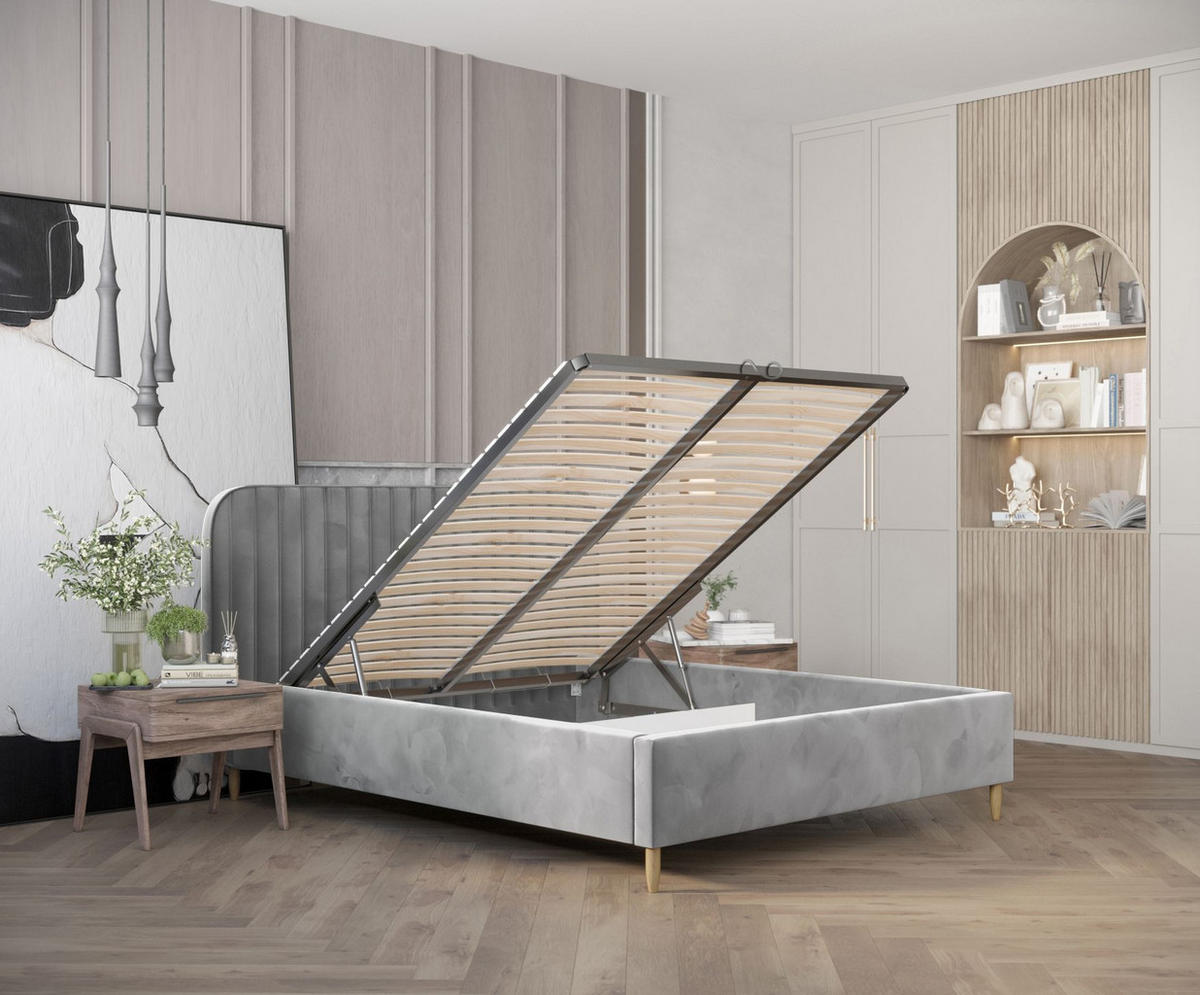 POLSTERBETT Noto Grau 120/200 cm im Samtstoff - Naturfarben/Grau, Holz/Holzwerkstoff (120/200cm) - Maison de Reve