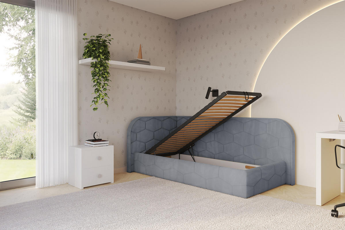 EINZELLBETT Jugendbett mit Bettkasten und Matratze H3/H4, Rechts - JAXY 90x200 Grau - Blaugrau, Holzwerkstoff/Textil (90/200cm) - ALTDECOR