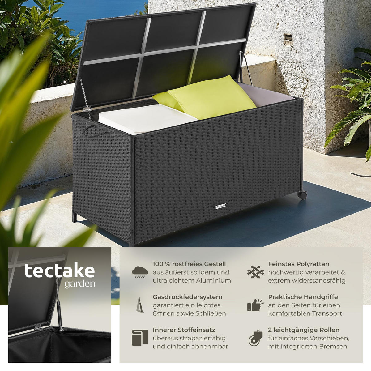 AUFLAGENBOX Kuusamo,117 x 54 x 64 cm,schwarz - Schwarz, Kunststoff (54.5/63/117cm) - tectake