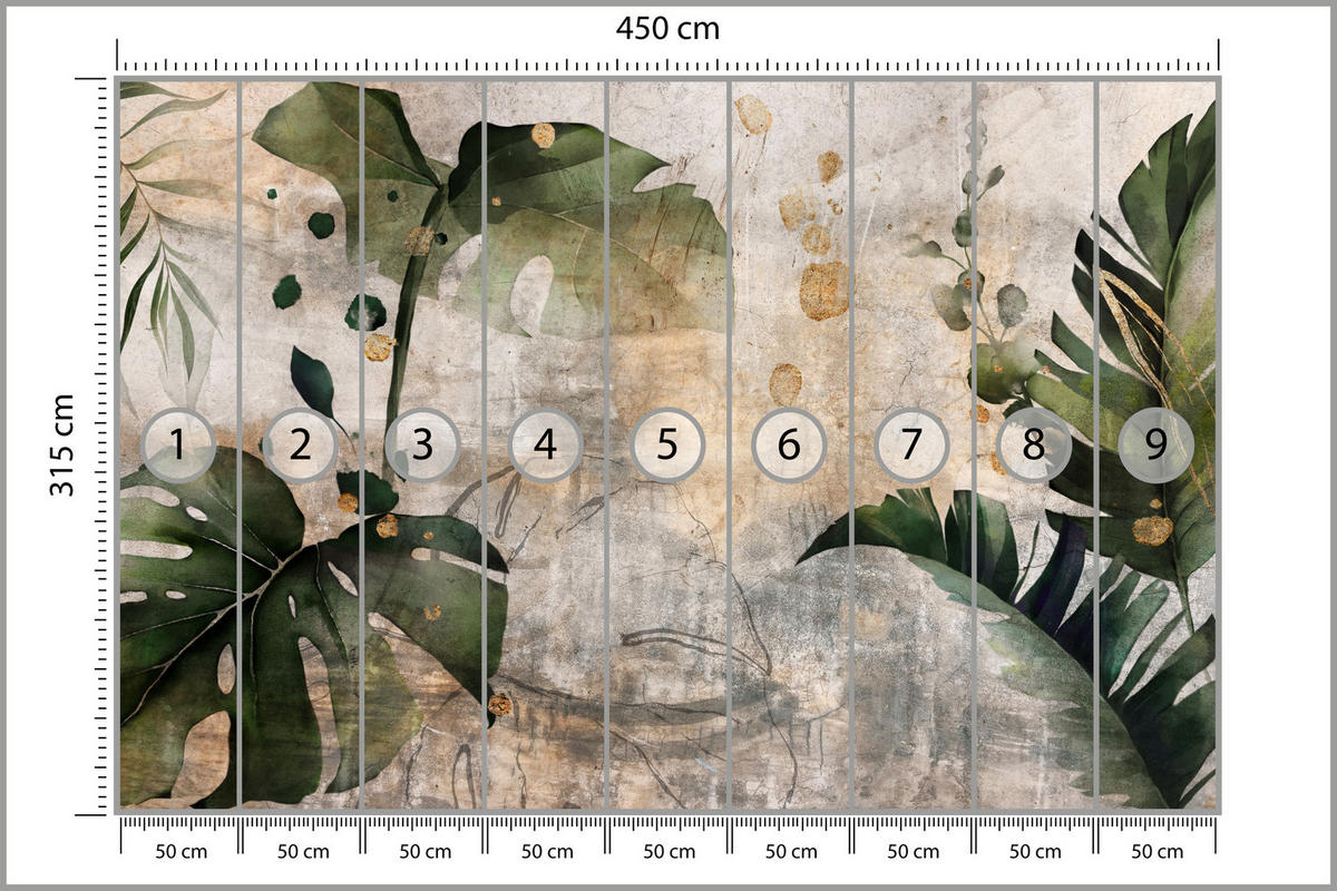 FOTOTAPETE für Schlafzimmer Tropisch Monstera Aquarell Retro 450x315 - Beige/Orange, Papier (450/315cm) - Muralo