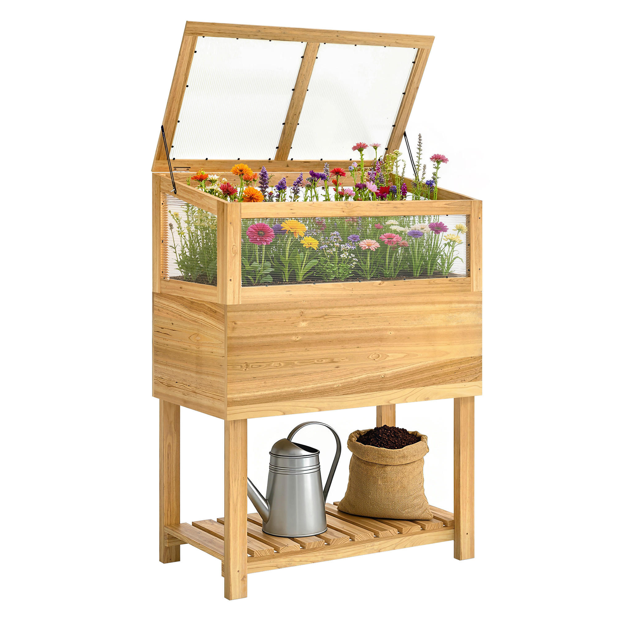 HOCHBEET DE-07826 2-in-1 mit Frühbeet, aufklappbare Abdeckung Natur - Naturfarben, Holz (80/108.5/45cm) - ComfortXL