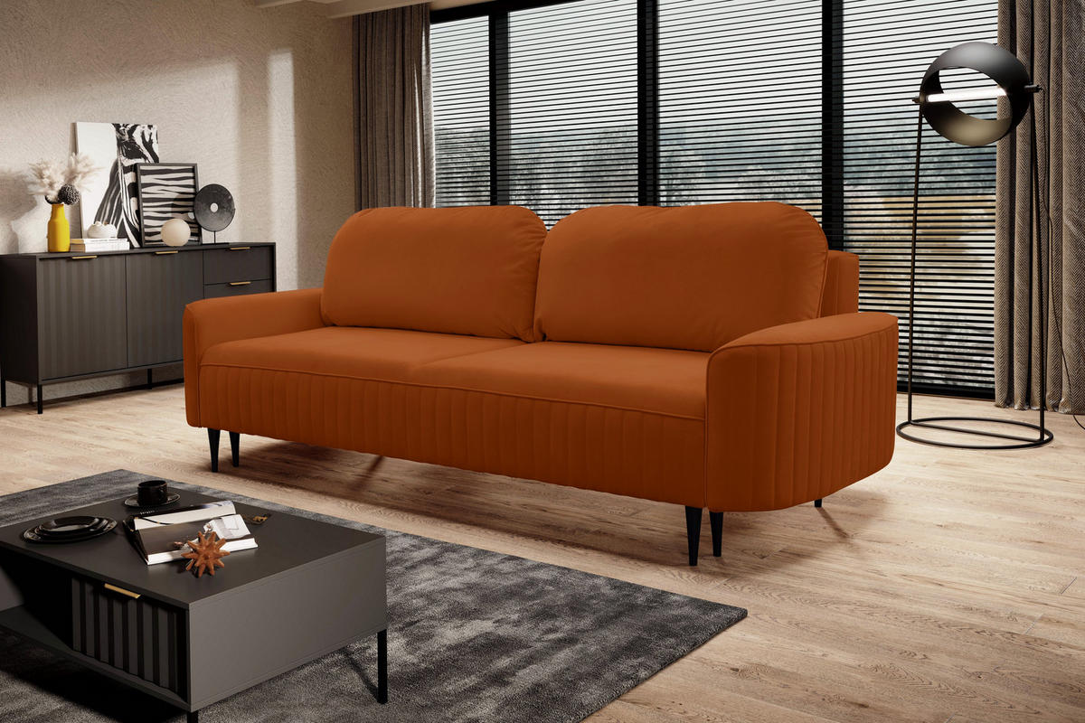 BETTSOFA FILO Kupferfarben Velours-Stoff mit Schlaffunktion - Kupferfarben, Holz (244/92/102cm) - MASSENO