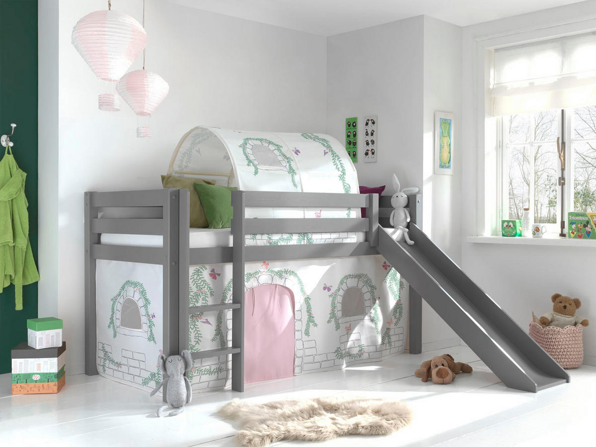 HOCHBETT mit Rutsche Karolina Massivholz Grau Textilset Burg 2 - Hellgrau/Grau, Holz (90/200cm) - 58aufmkessel