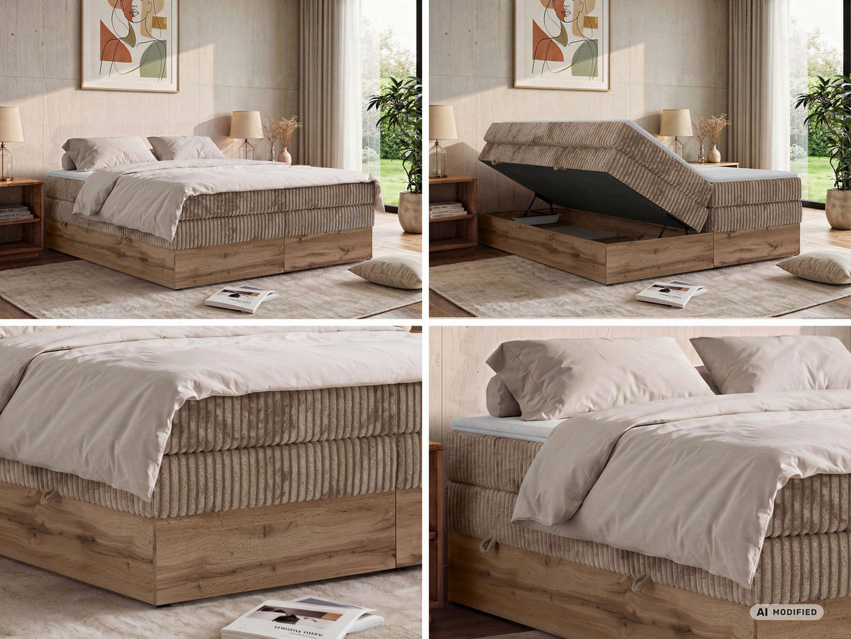 BOXSPRINGBETT WOOD ZERO KING 140/200 - Braun Cord - Topper T25 - H4 - Schwarz/Braun, Kunststoff/Textil (140/200cm) - MKS