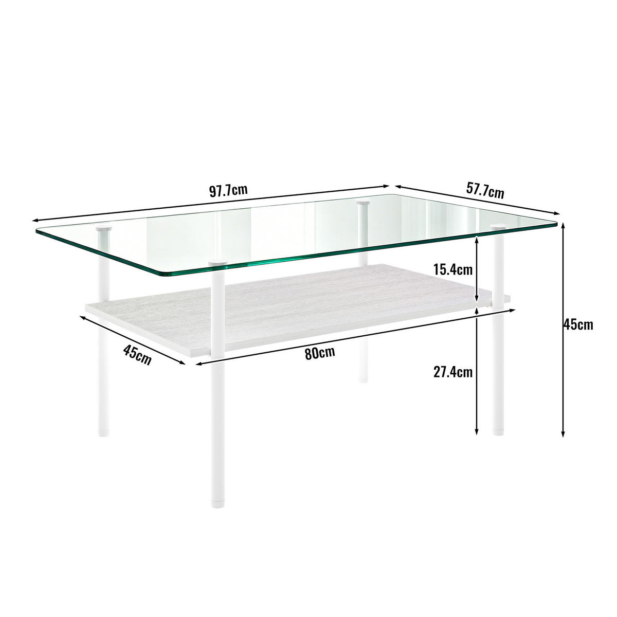 COUCHTISCH DE-37418 rechteckig mit Glasplatte und MDF-Ablage Weiß - Weiß, Metall (98/58/45cm) - ComfortXL