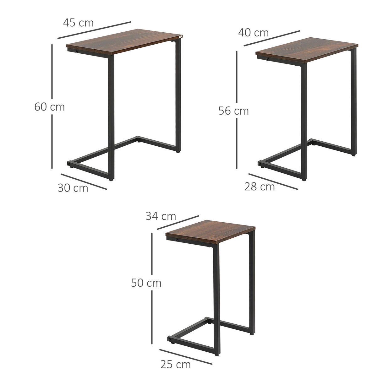 SADA odkládacích stolků 45/30/60 cm hnědá z dřevotřísky se stojanem z oceli - hnědá, kompozitní dřevo (30/45/60cm) - OKWISH