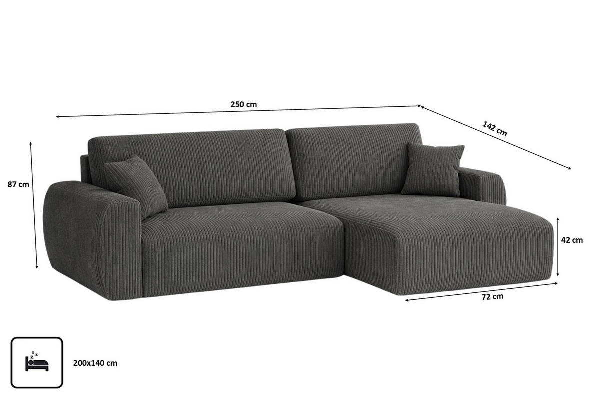ECKSOFA Mit Schlaffunktion Ariel L, Cordstoff, Stoff Poso, Grau, Rechts - Grau, Holz (250/142cm) - Kaiser Möbel