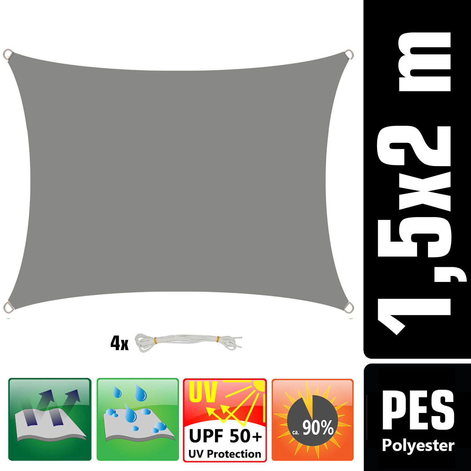 UV-SONNENSEGEL 1,5/2 m, Rechteckig, Wasserdicht, Grau - Grau, Kunststoff (150/200cm) - Amanka