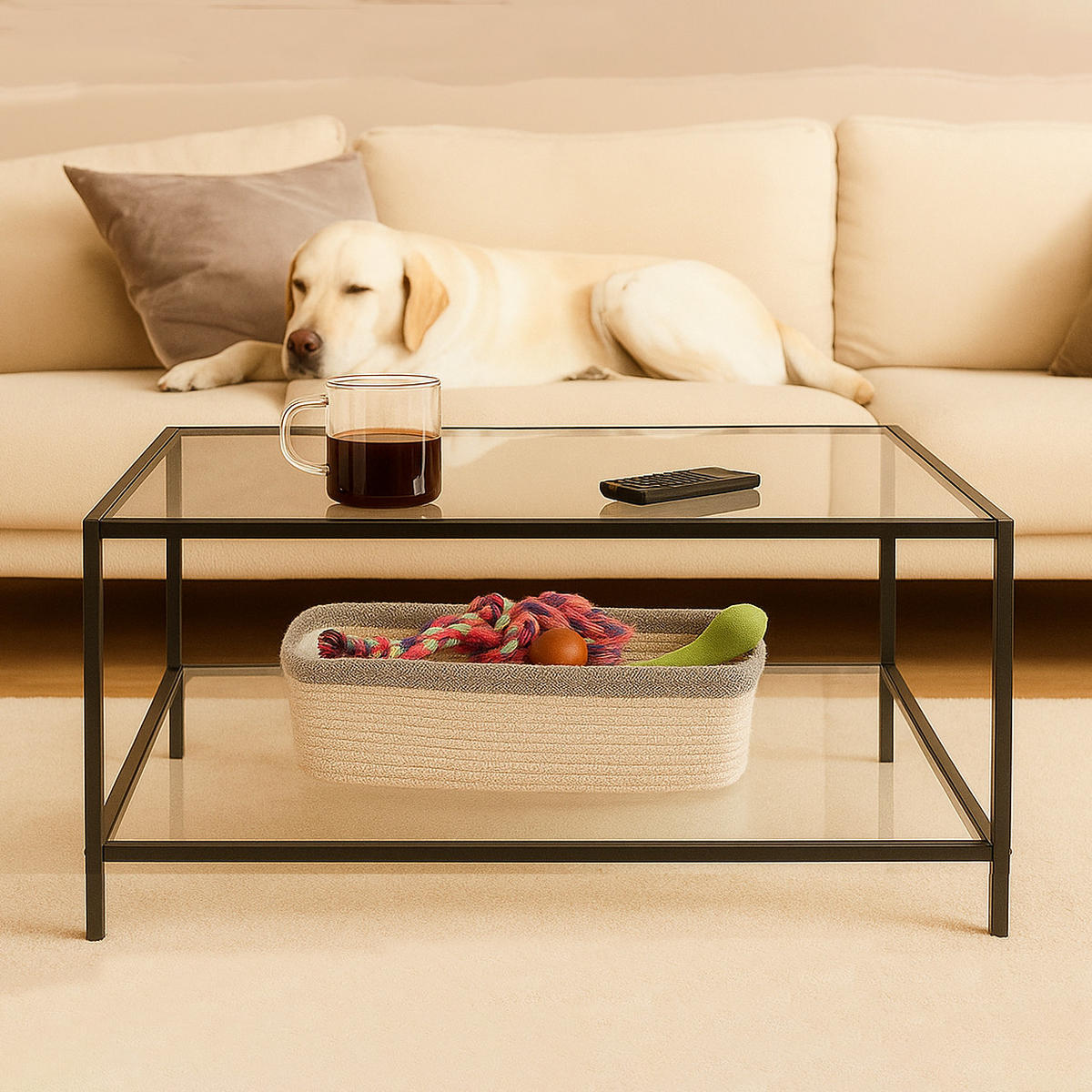 COUCHTISCH Glasplatte kratzfest & Metallgestell stabil 80X80cm - Transparent/Schwarz, Glas/Metall (80/80/42cm) - Urban Meuble