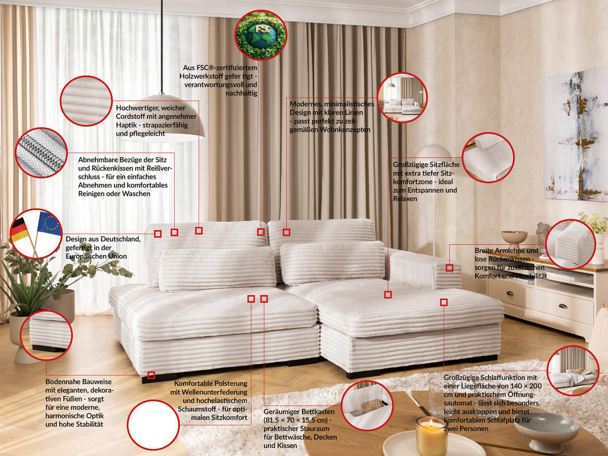 ECKSOFA Wolke mit tiefer Sitzfläche, Schlaffunktion und praktischem Bettkasten aus weichem Hellbeige Cordstoff - Beige/Schwarz, Holz/Kunststoff (225/162cm) - S-Style