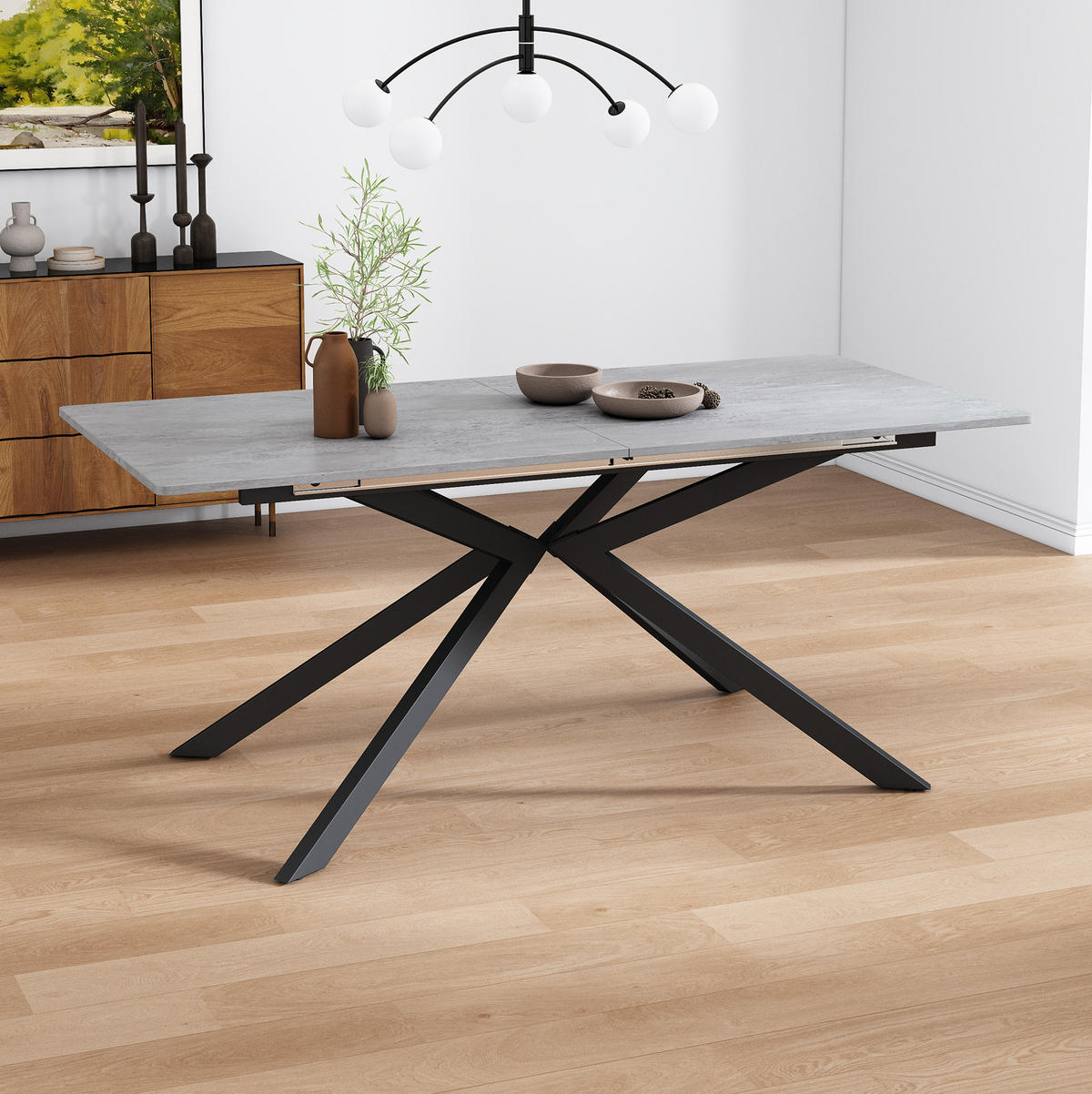 ESSTISCH aus MDF und Metall 150/180x70x76 cm Schwarz und Grau erweiterbar mit Kreuzbeingestell und Zementmuster - Grau, Holzwerkstoff (180/70/75.5cm) - Modfu