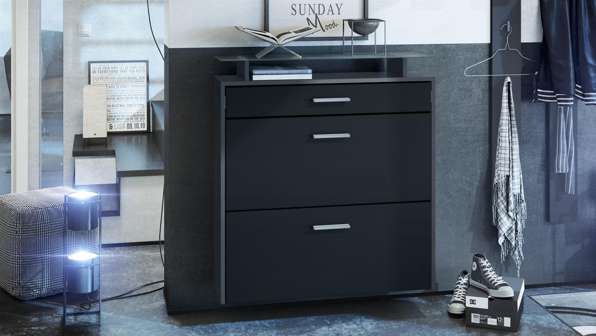 SCHUHSCHRANK Malea Fronten in Schwarz matt - Schwarz, Holzwerkstoff (89/96/23cm) - Vladon