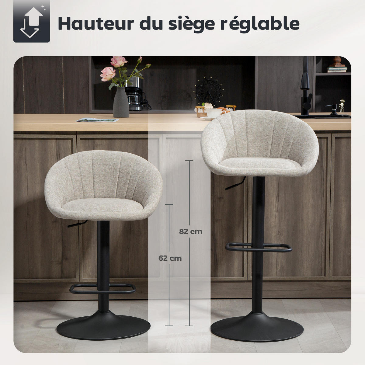 BARHOCKER 2er-Set DE-14815 höhenverstellbar & schwenkbar mit Armlehnen Beige - Beige, Metall (46/103/53.5cm) - ComfortXL