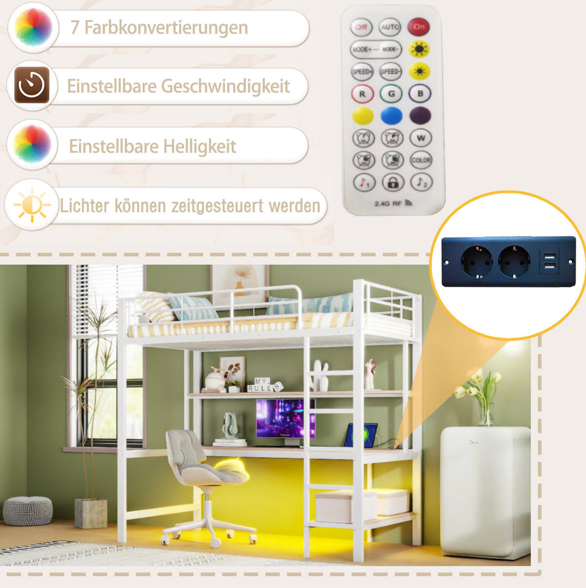 VISOKA postelja 90/200 cm bela z LED osvetlitvijo, USB in pisalno mizo iz kovine - bela, kovina (90/200cm) - OKWISH