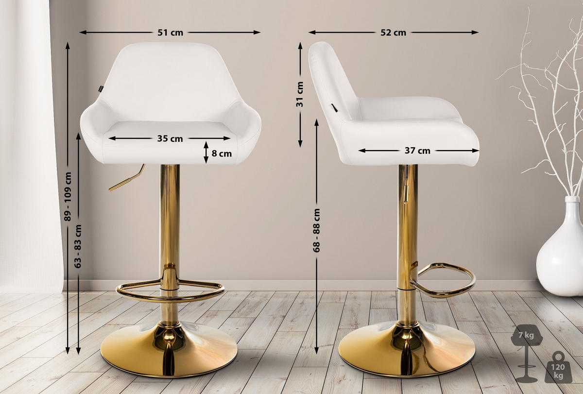 BARHOCKER Braga Kunstleder 89-109x51x52 cm weiß - Weiß, Leder (51/89/52cm) - furnicato
