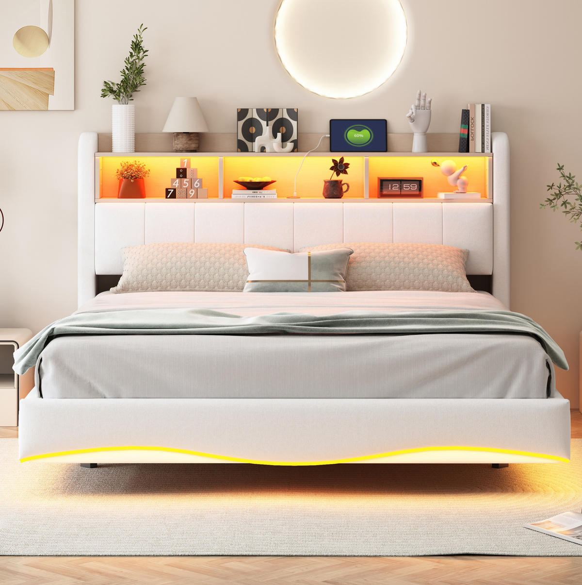 POLSTERBETT 160/200 cm aus Leinenstoff mit LED-Beleuchtung und USB- und Type-C-Anschlüssen beige - Beige, Textil (160/200cm) - OKWISH