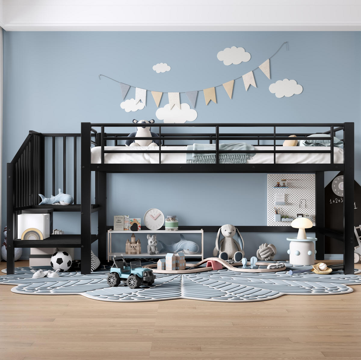HALBHOHES HOCHBETT 90/200 cm, Schwarz, platzsparend mit Stauraumtreppe - Schwarz, Metall (90/200cm) - MIVRAY