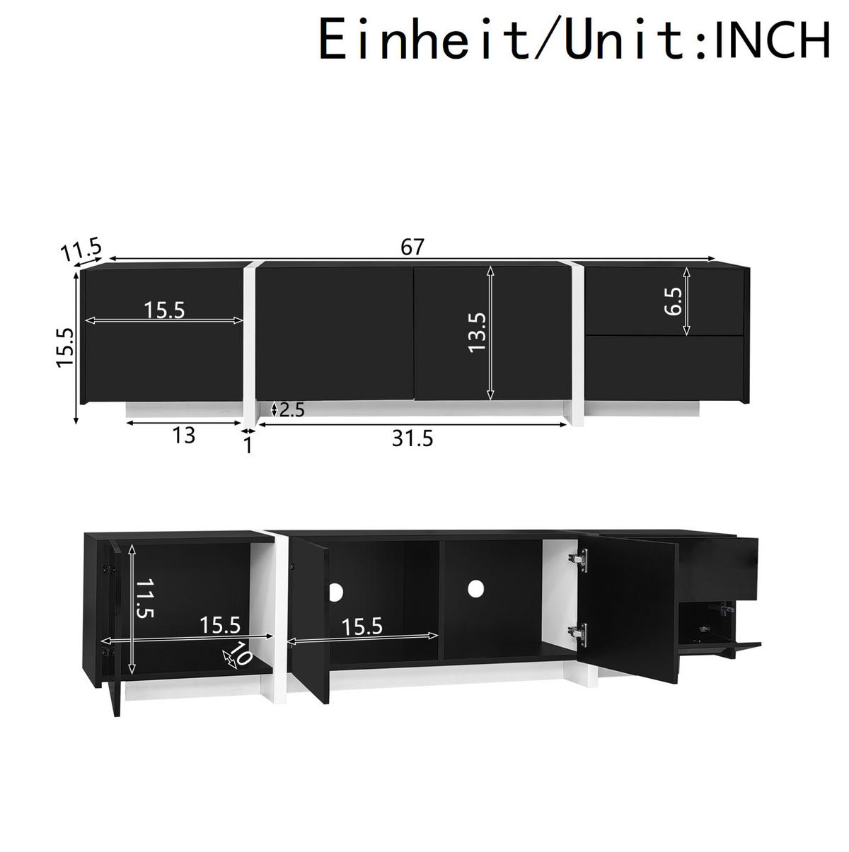 TV-ELEMENT mit 3 Türen und Schublade 170 cm Schwarz-Weiß Hochglanz - Schwarz, Holzwerkstoff (30/39/170cm) - Beauniv