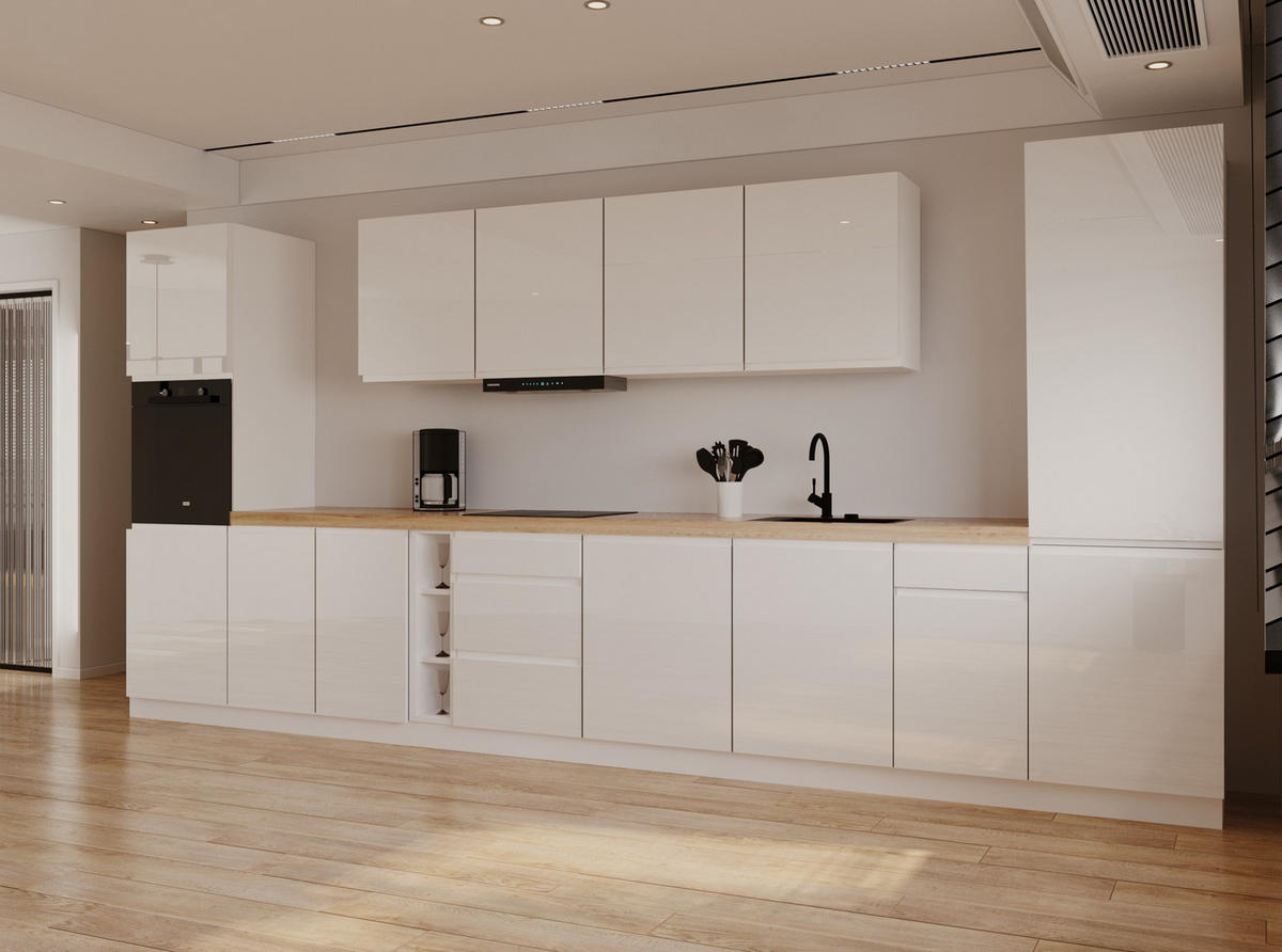 KÜCHENZEILE 440 cm - KA23-M440- in Weiß/Hochglanz - Weiß Hochglanz, Holz (440/212/58cm)