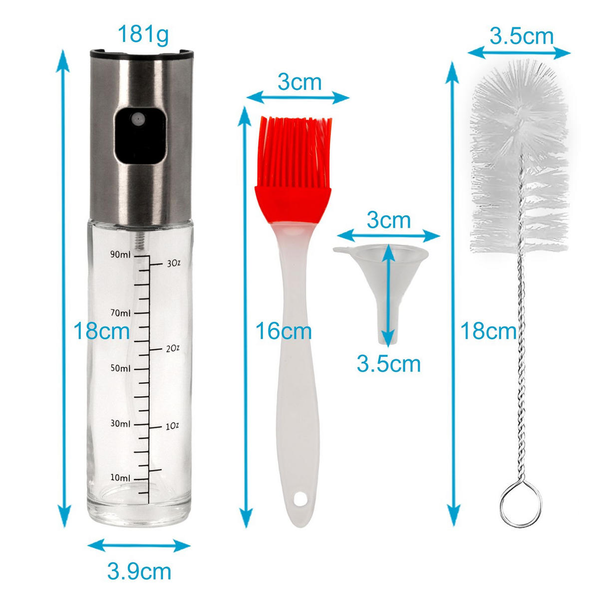 ÖL-SPRÜHFLASCHE mit Backpinsel, Flaschenbürste und Öltrichter - Transparent, Glas (3.9/18/3.9cm) - Intirilife