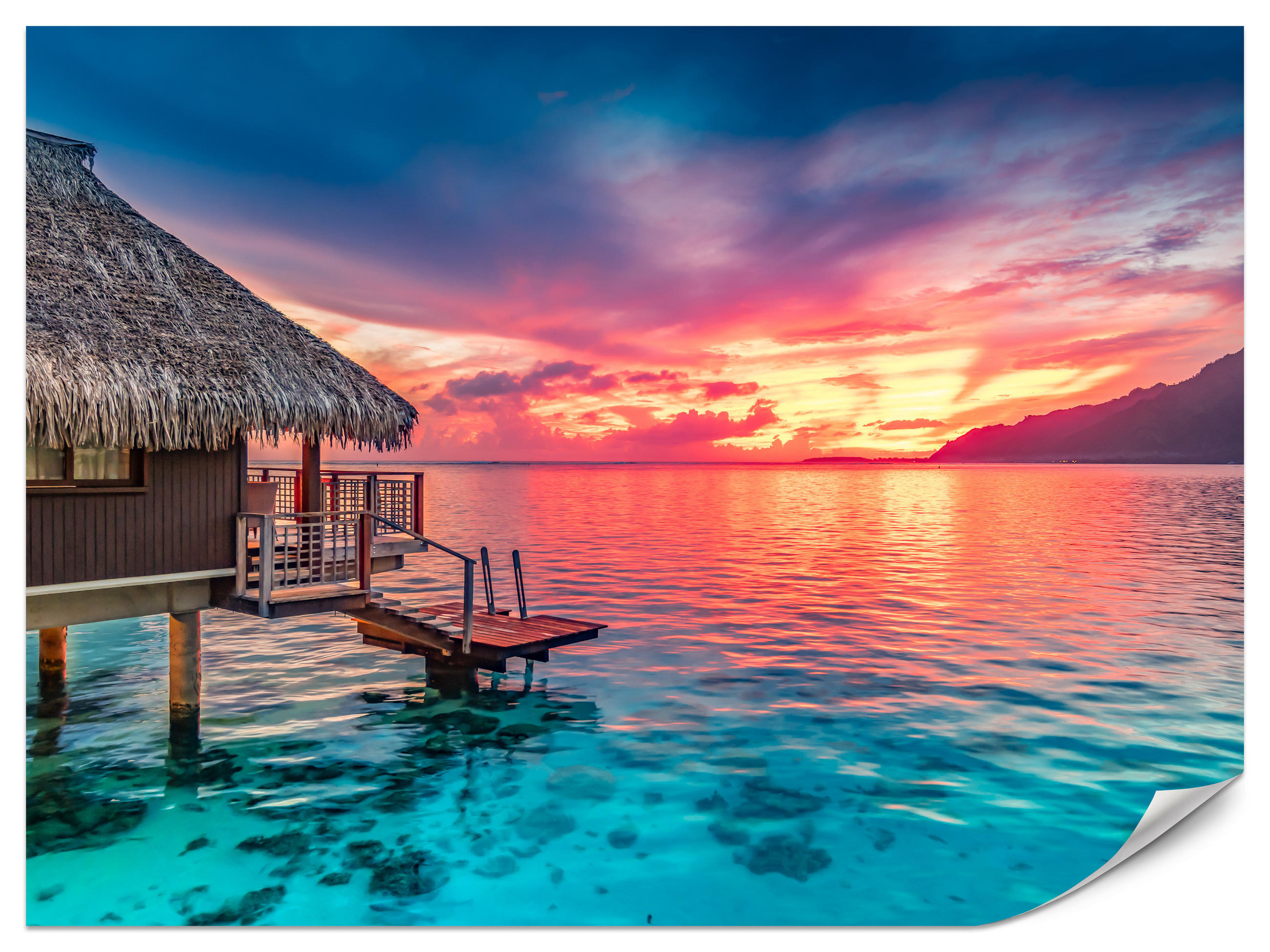 FOTOTAPETE für Wohnzimmer Sonnenuntergang Ozean Holzhütte 200x140 - Türkis/Blau, Papier (200/140cm) - Muralo