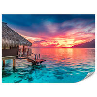 FOTOTAPETE für Wohnzimmer Sonnenuntergang Ozean Holzhütte 200x140 - Türkis/Blau, Papier (200/140cm) - Muralo