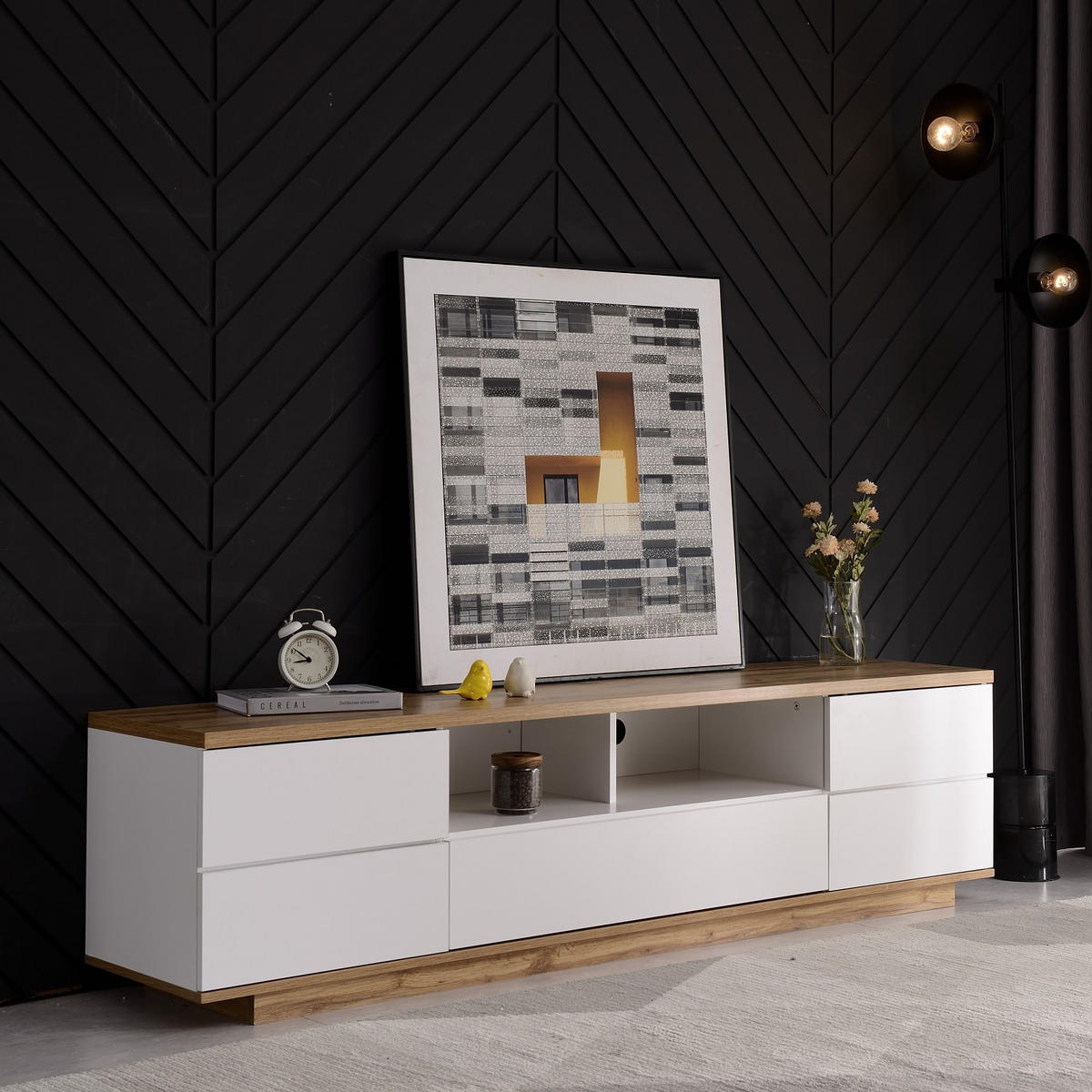 TV Lowboard 180x38x46 cm, Holzmaserung, Weiß - Weiß, Holz (180/46/38cm)