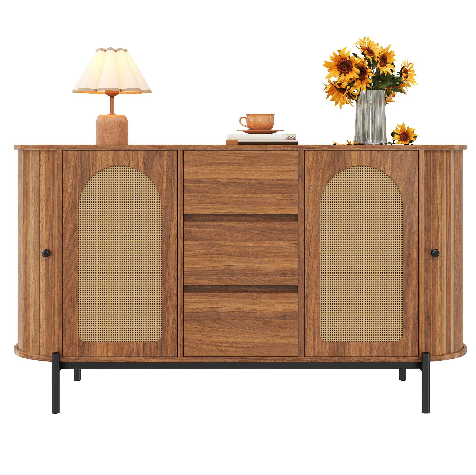 SIDEBOARD 140/38/77,5 cm Nussbaum aus MDF mit Rattan-Türen und Schubladen - Walnussfarben, Holzwerkstoff (38/77.5/140cm) - OKWISH