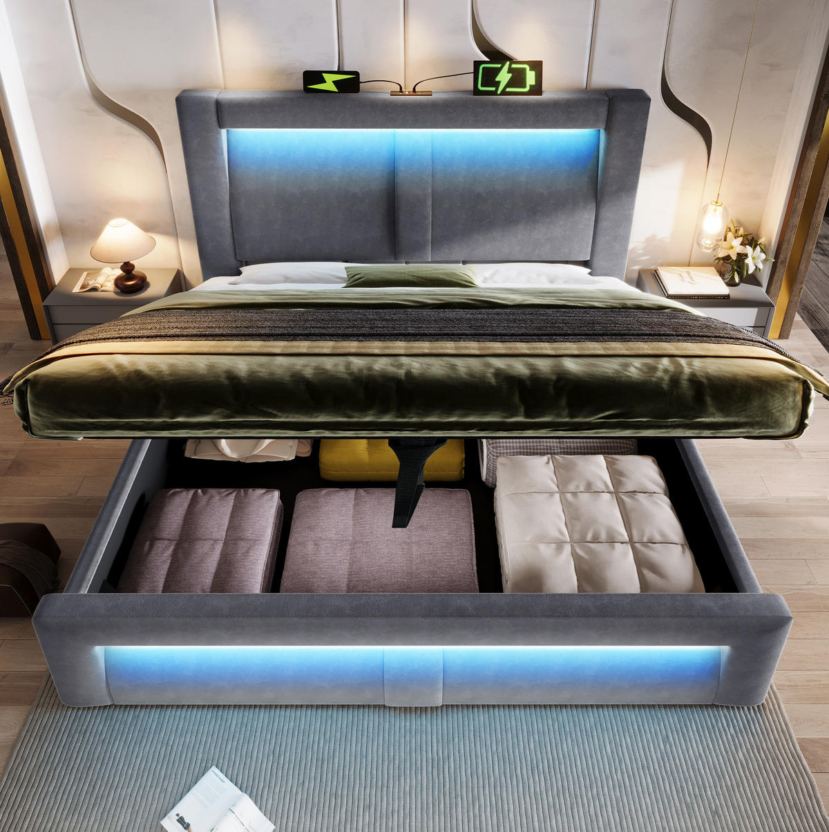 BETT mit Stauraum 180x200 cm Samt Grau mit LED und USB - Grau, Metall (180/200cm) - Meubliv