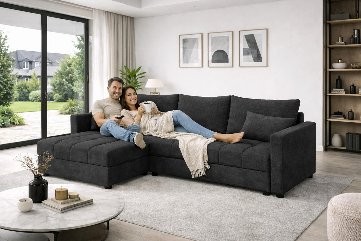 WOHNLANDSCHAFT AURELIA– Ecksofa in L-Form mit Schlaffunktion Bettkasten & Kissen Stoff KRONOS 226 cm Anthrazit - Anthrazit, Kunststoff (226/140cm) - Wohnideebilder