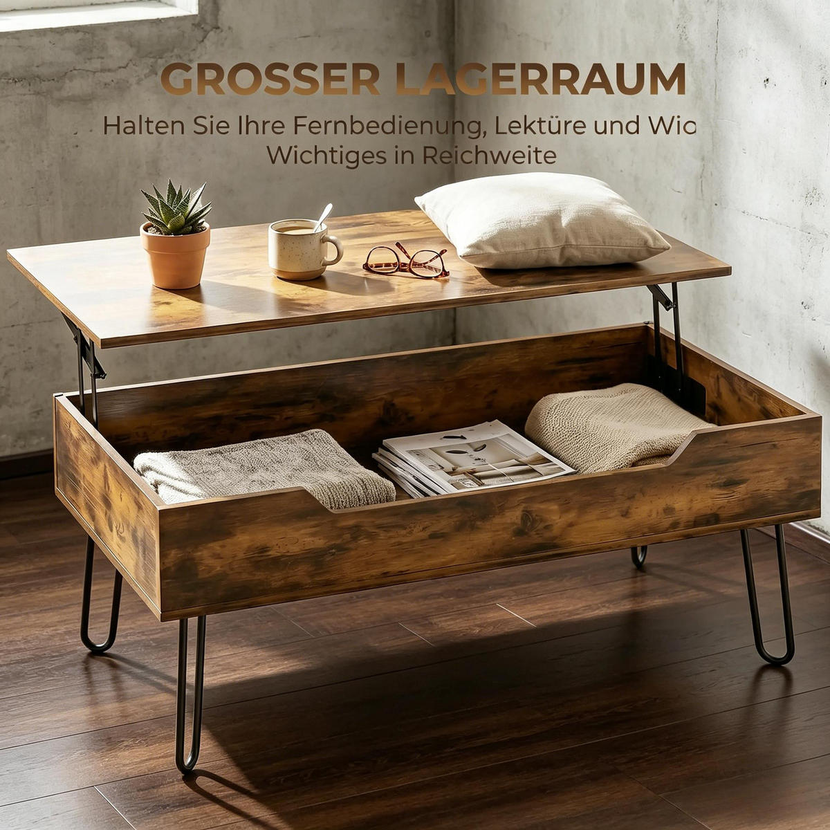 COUCHTISCH DE-37255 Lift-Top mit verstecktem Fach Rustikales Braun/Schwarz - Walnussfarben, Holzwerkstoff (95/50/40cm) - ComfortXL