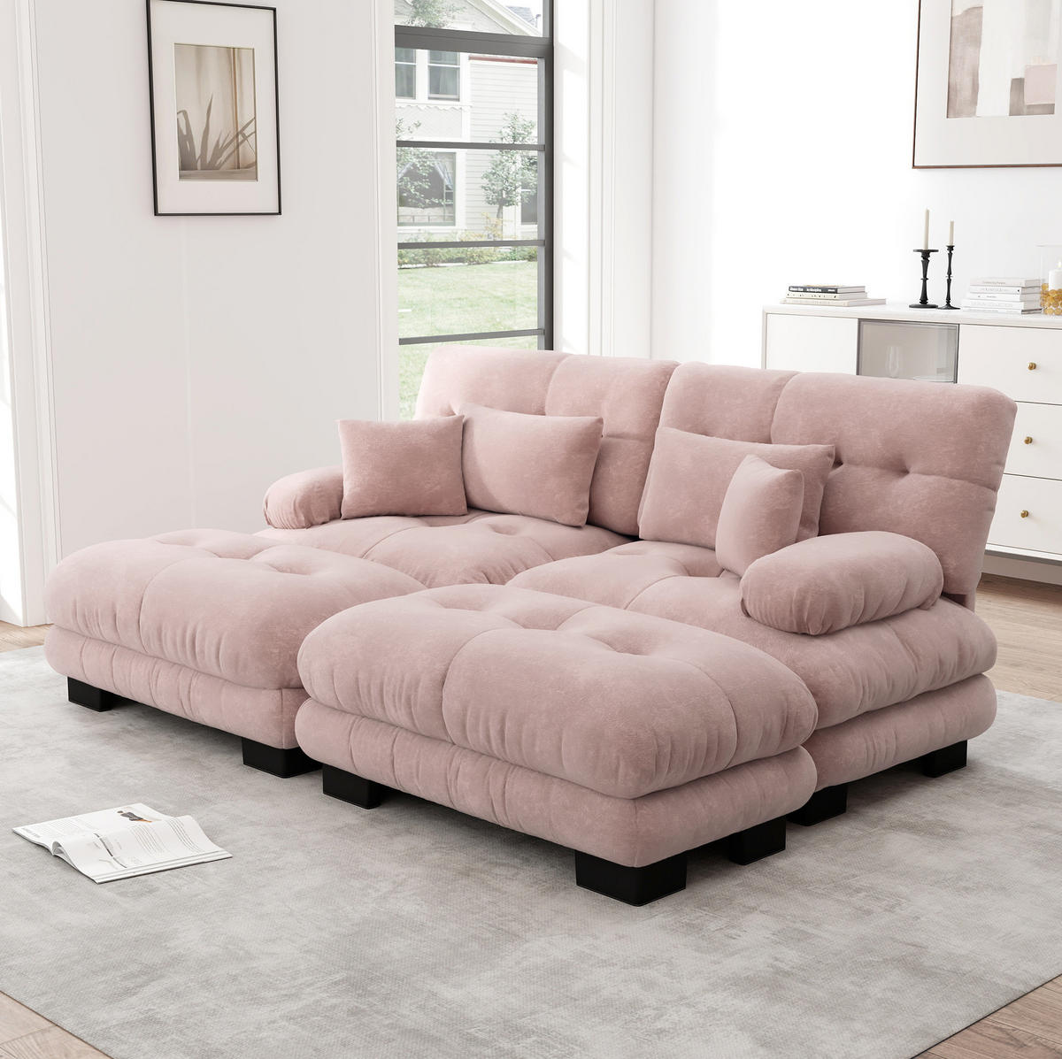 ECKSOFA 220/145/81 cm pink aus Chenille mit Ottomans und Kissen - Pink, Textil (145/220cm) - OKWISH