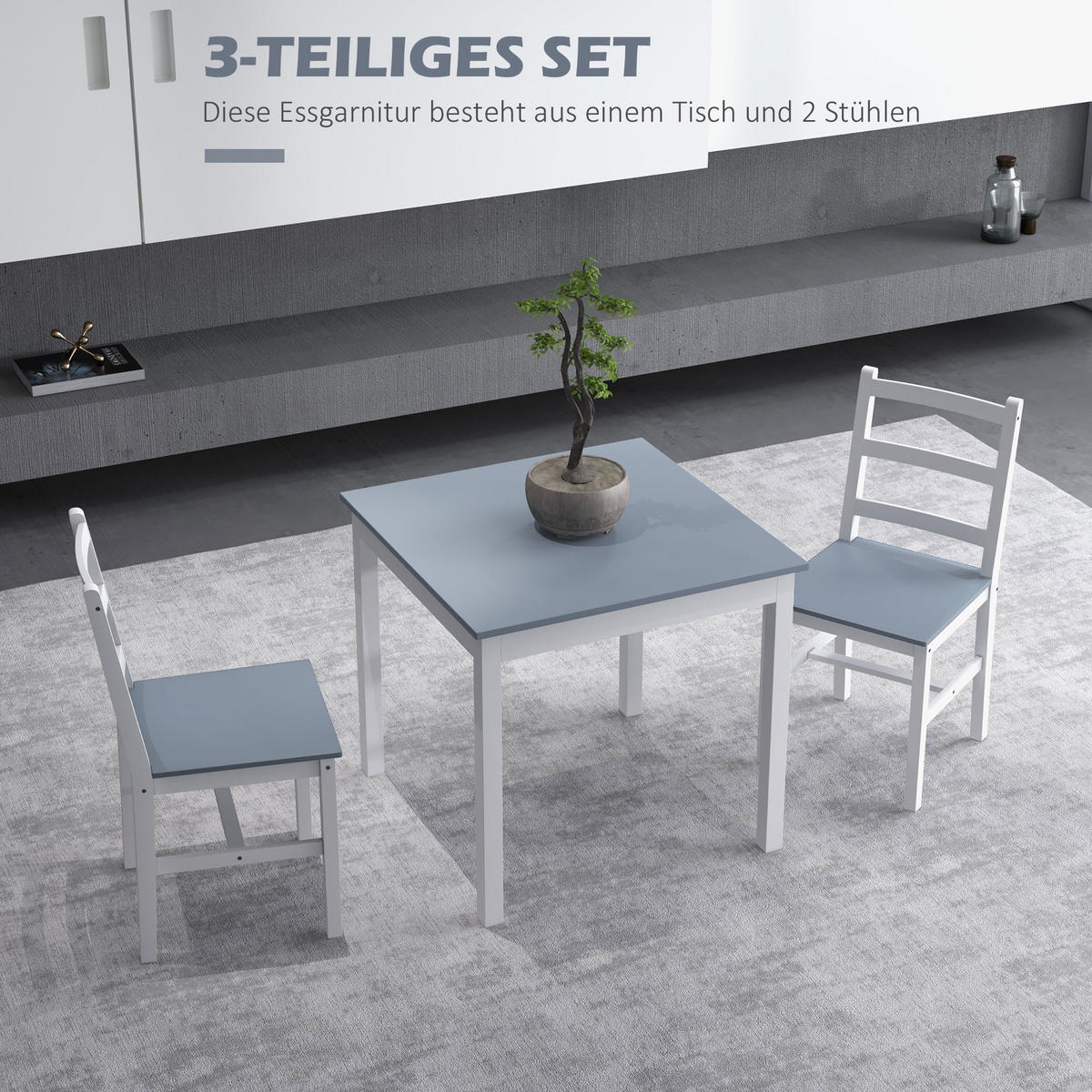 ESSGRUPPE 3er-Set, Esstisch mit 2 Stühlen, Küchentisch-Set für 2 Personen, Holz - Grau, Holz (75/75/75cm) - HOMCOM