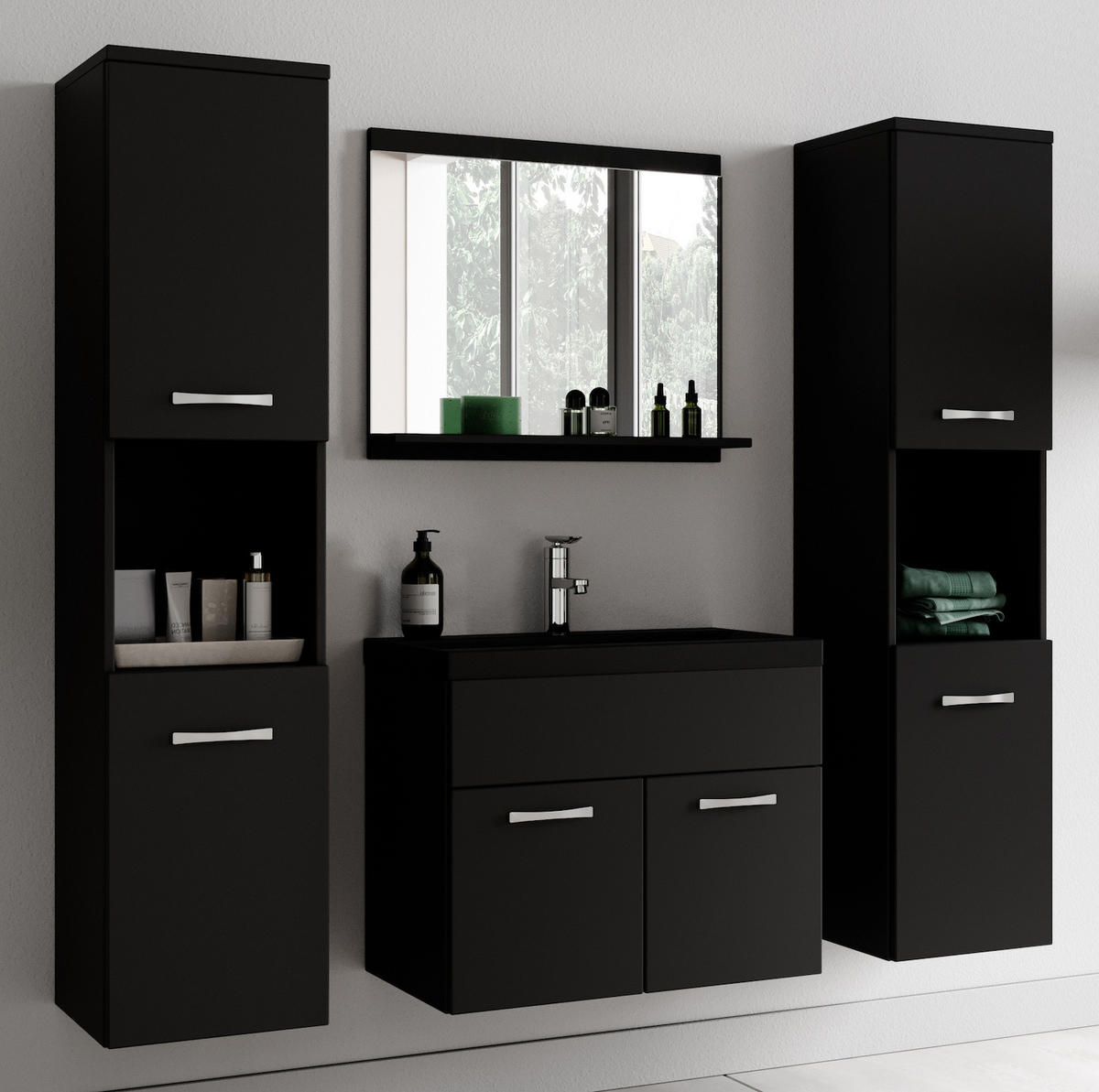 BADMÖBEL-SET Montreal 5 Teile Schwarz Matt - Schwarzes Waschbecken - 60 x 35 x 51 cm - Chromfarben/Schwarz, Holz/Metall (60/51/35cm) - Badplaats