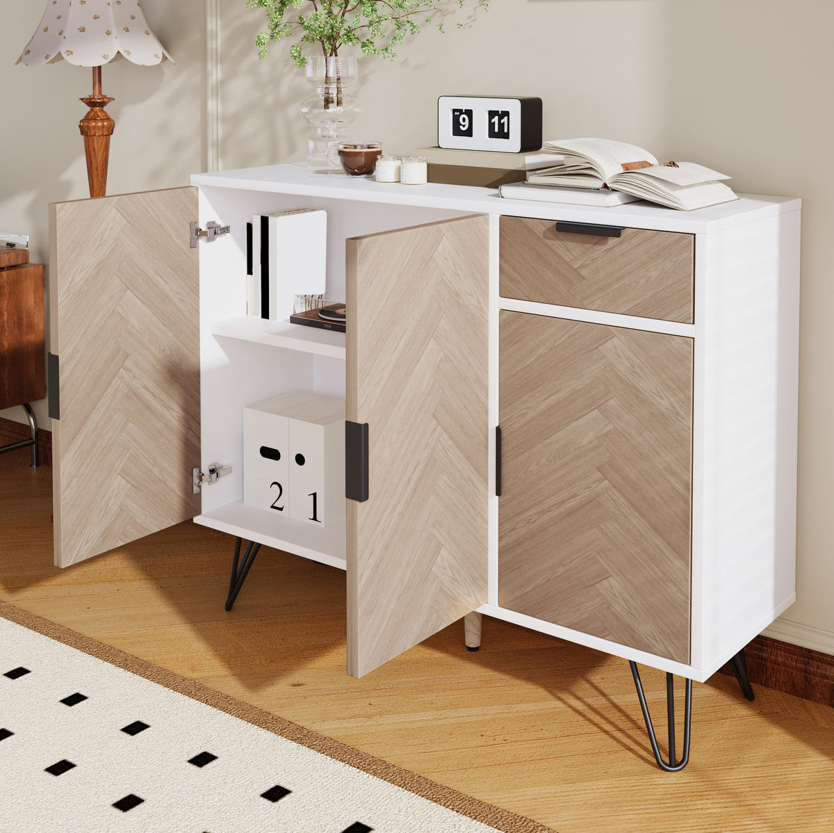 SIDEBOARD aus MDF und Spanplatte 90x30x71,5 cm Weiß/Holzoptik mit Schublade und verstellbaren Einlegeböden - Naturfarben, Holzwerkstoff (90/71.5/30cm) - IVMEU
