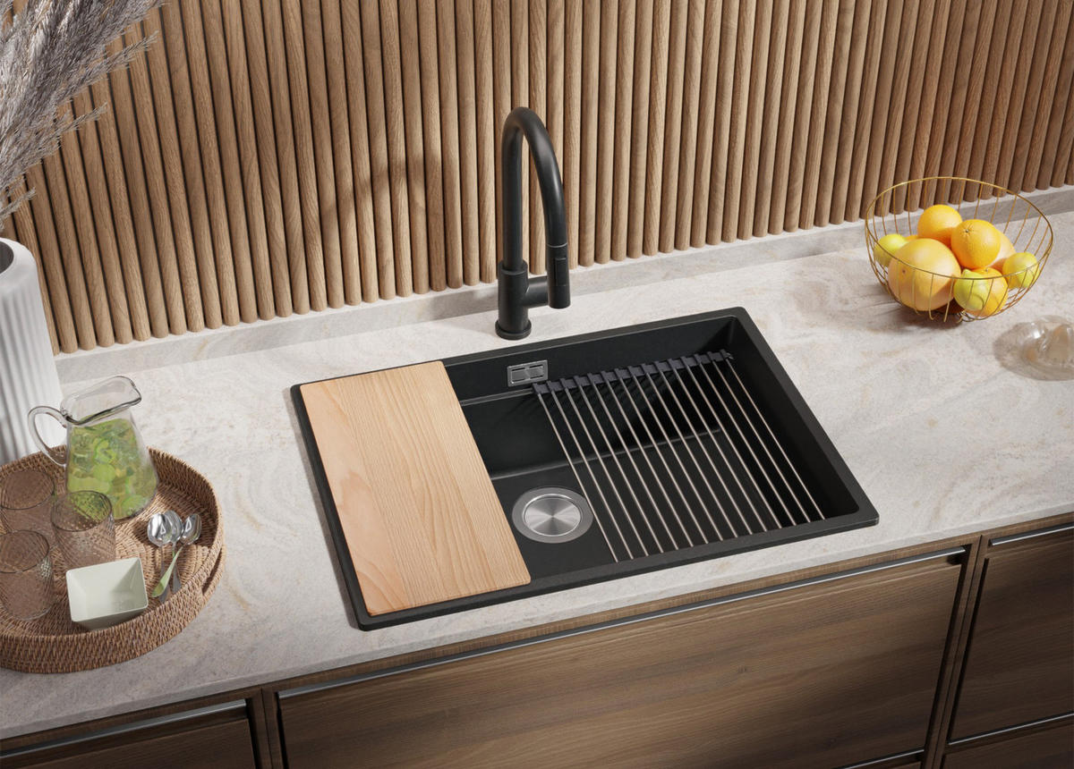 SPÜLBECKEN Praga Slim, 2-er set Anthrazit 66/47 cm 1 Becken + Ablauf-Set + Aufrollbare Abtropffläche ab 70er Unterschrank - Chromfarben/Anthrazit, Kunststoff (66/20/47cm) - Primagran