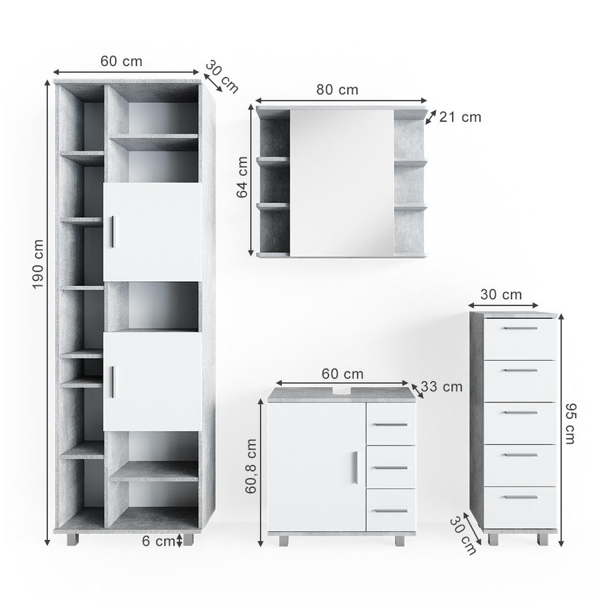 BADMÖBEL-SET Ilias Beton 4 Teile - Schieferfarben/Weiß, Holzwerkstoff (60/60/33cm) - Vicco