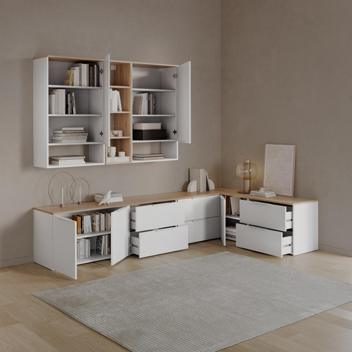 WOHNWAND Piave Weiß/Sonoma 3 Teile - Weiß/Sonoma Eiche, Holzwerkstoff (80/50/40cm) - Livinity®