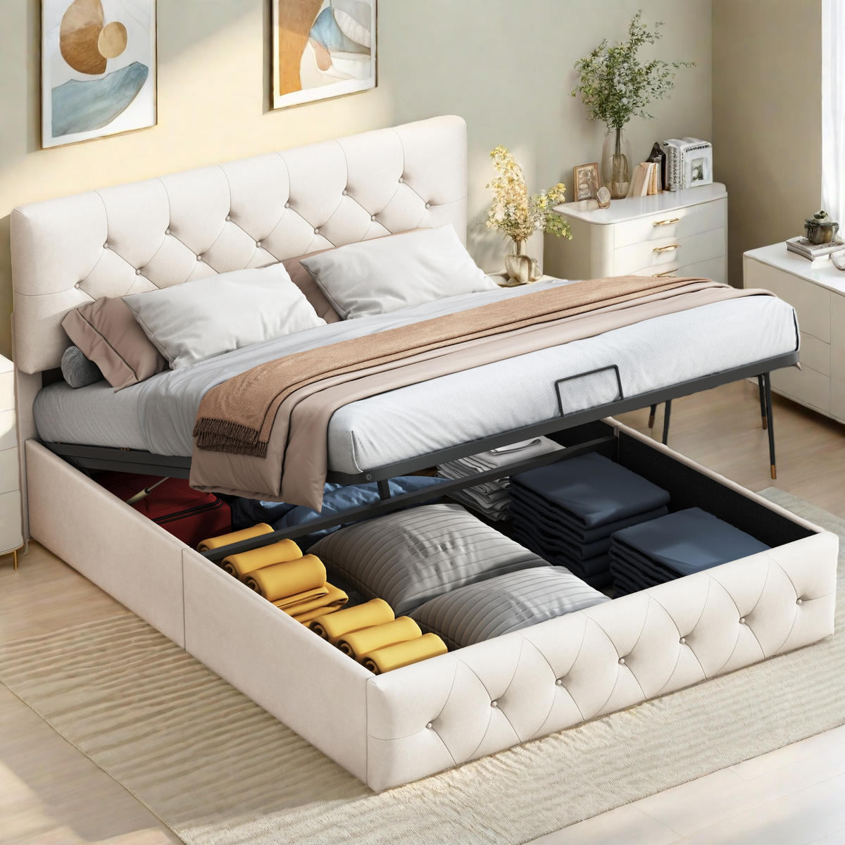 POLSTERBETT 140x200 cm Stauraum Metall Lattenrost Doppelbett beige - Beige, Holz (140/200cm) - LEBENLANG