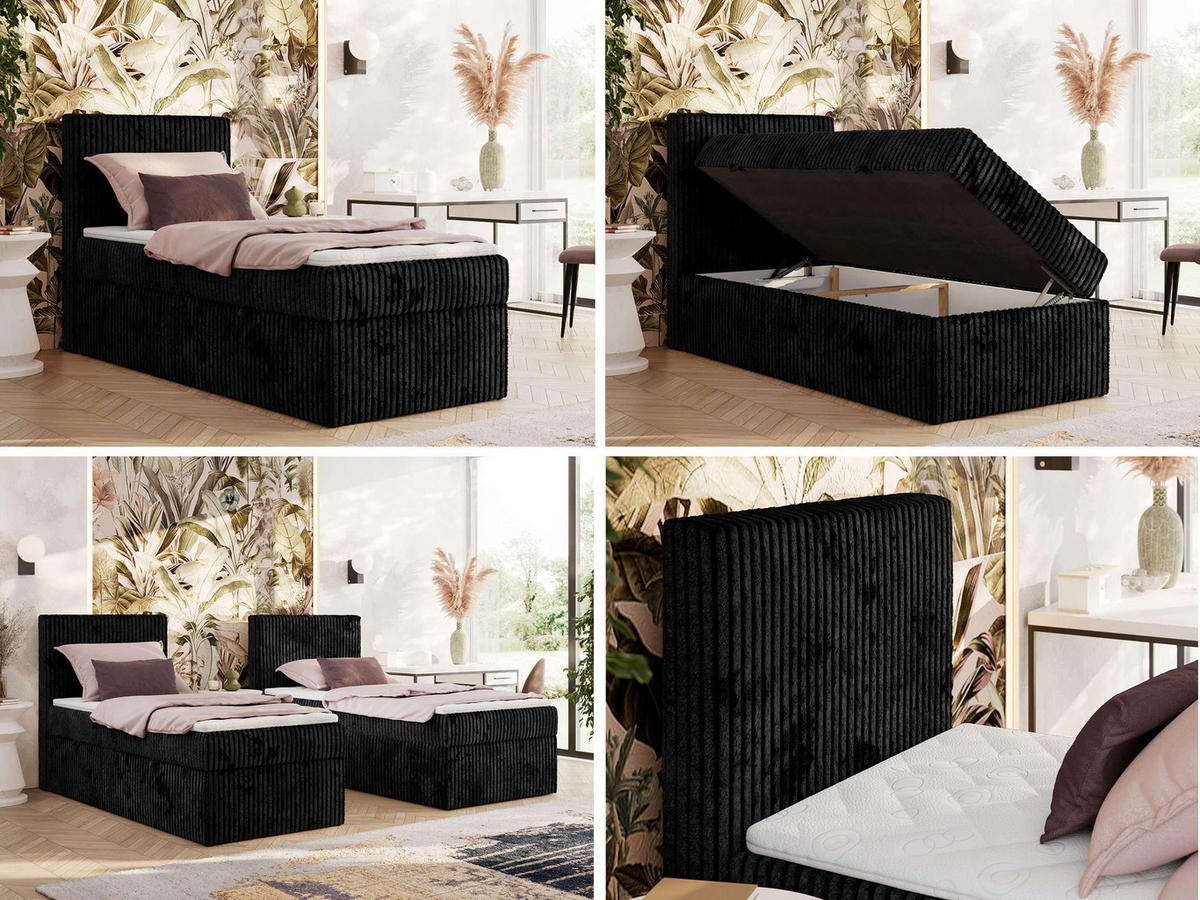 BOXBETT TILIANO 90/200 - Schwarz Cord - H4 - Visco Topper - Links - Schwarz, Textil (90/200cm) - MKS
