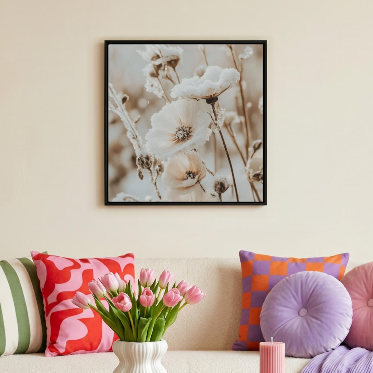 LEINWAND Bilder mit Rahmen - Blumen - Winter - Weiß - Schnee - Beige - 50x50 - Creme, Textil (50/50cm) - MuchoWow
