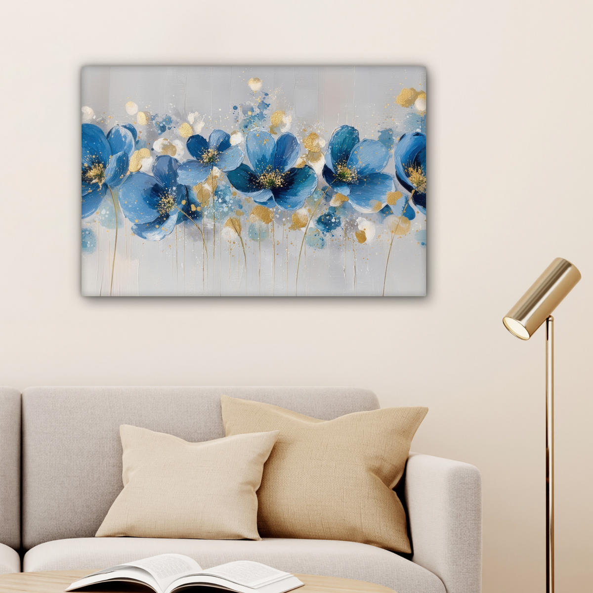 LEINWANDBILD Blumen - Blau - Abstrakt Gemälde 60x40 cm - Hellgrau, Textil (60/40cm) - MuchoWow