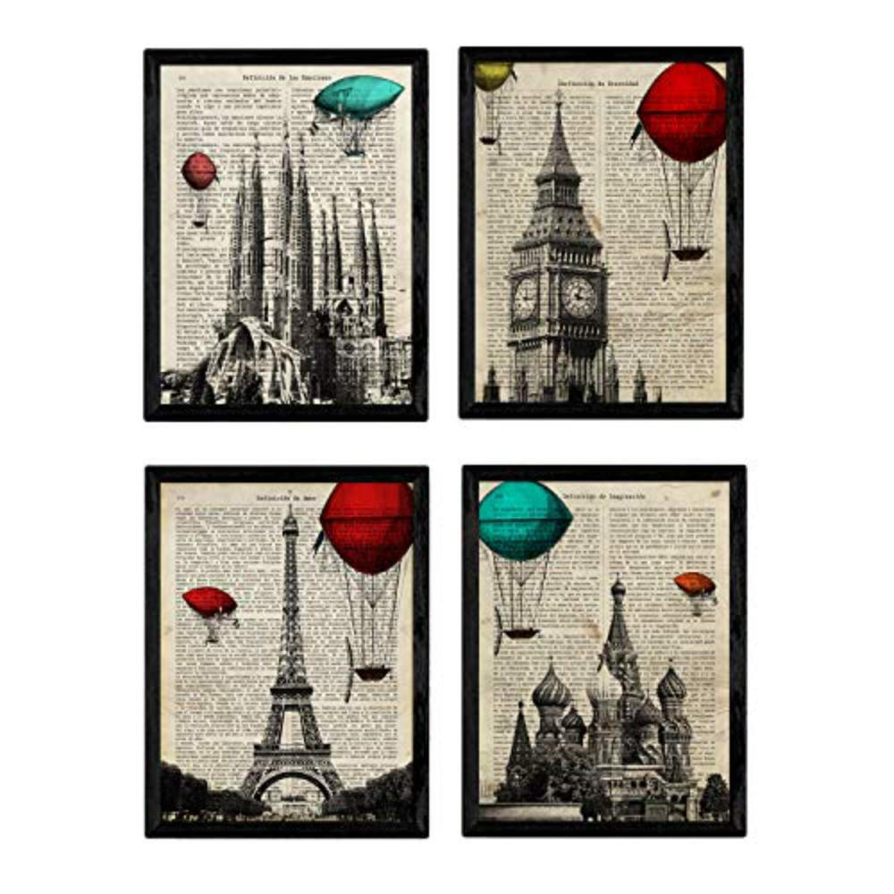 POSTER Set mit 4 Enzyklopädie Jahrgang London, Barcelona, Moskothek, Paris A4 Rahmenlos - Klar, Papier (29.7/3cm) - Nacnic