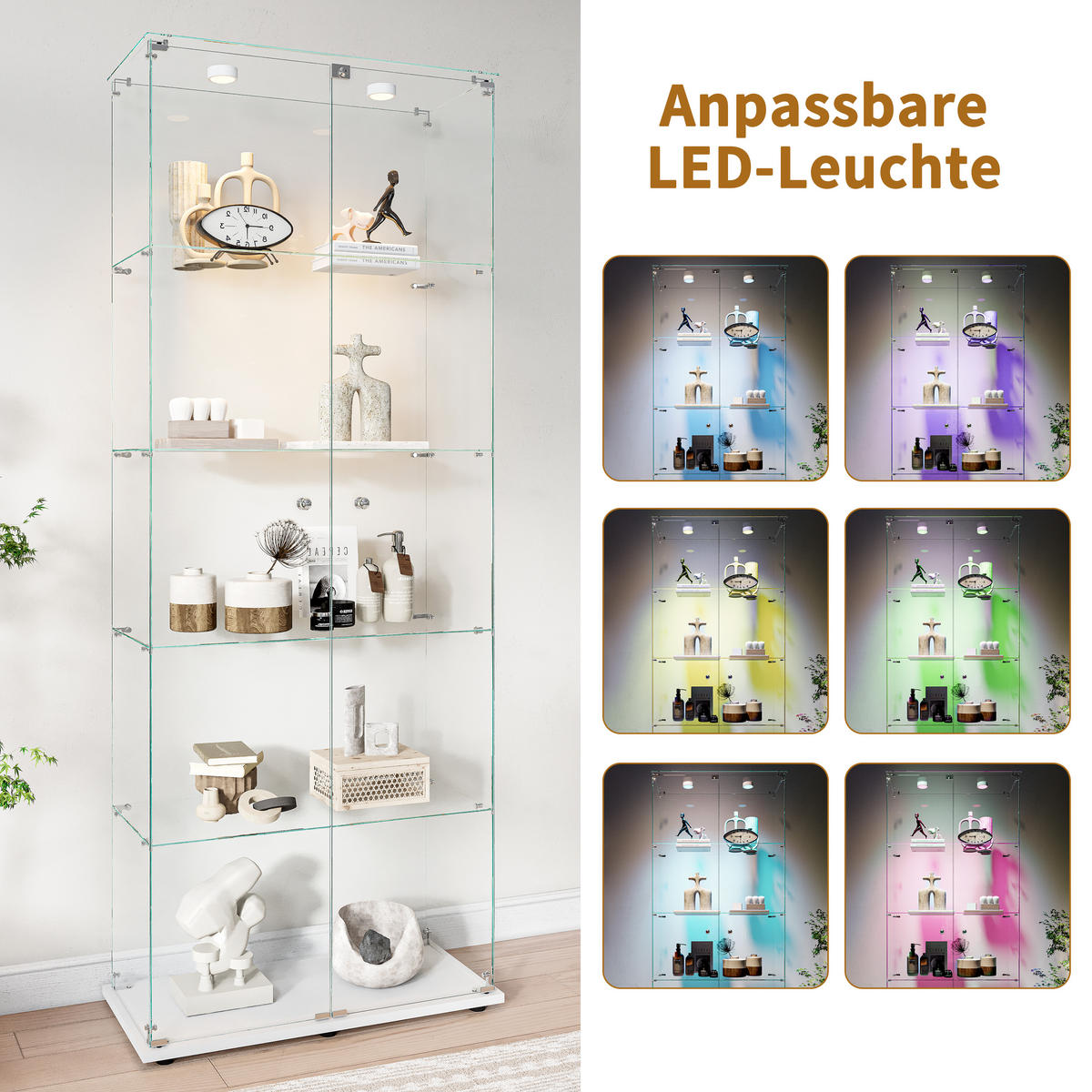 GLASVITRINE 187x77x35 cm 2 Türen LED Touch freistehend weiß - Weiß, Holz (78.5/186.5/34.5cm) - LEBENLANG